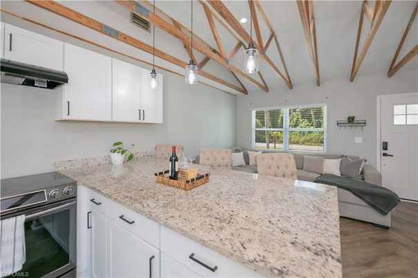 Interior, Kitchen, Living room, Pendant Lights, Stainless Steel Appliances, Wooden Beams, Wood Texture Flooring