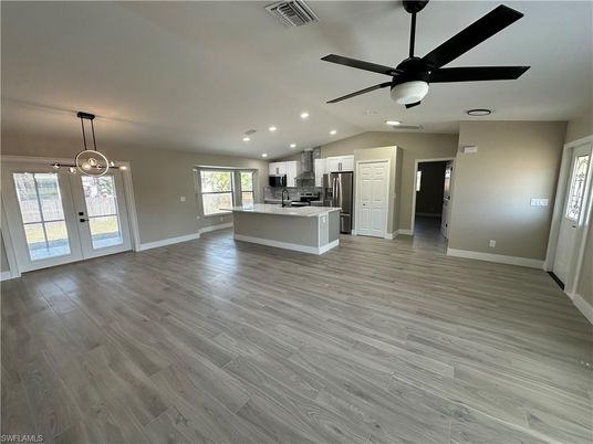 Empty room, Interior, Kitchen, Pendant Lights, Recessed Lighting, Wood Texture Flooring
