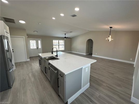 Interior, Kitchen, Pendant Lights, Recessed Lighting, Wood Texture Flooring