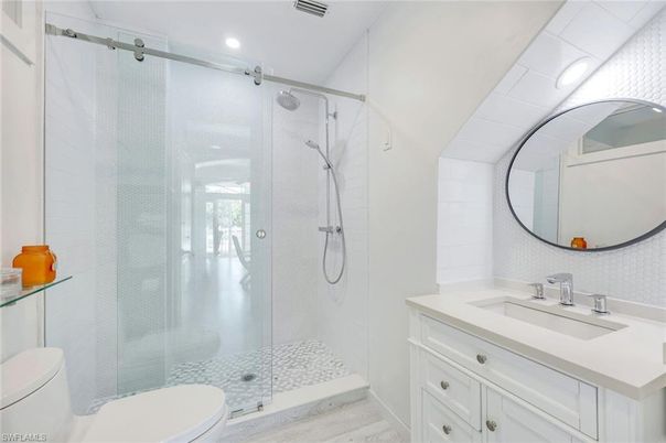 Bathroom, Glass Shower, Interior, Recessed Lighting, Wood Texture Flooring