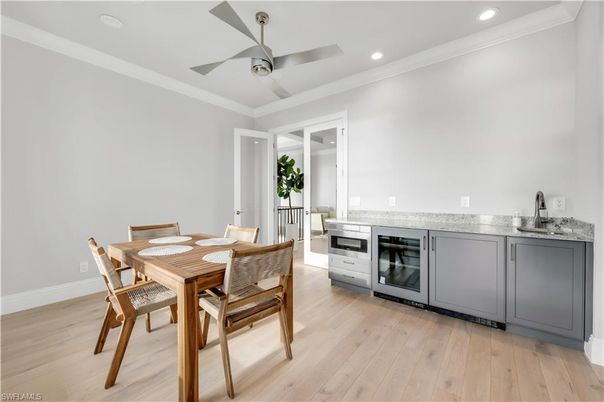 Dining room, Interior, Recessed Lighting, Wood Texture Flooring