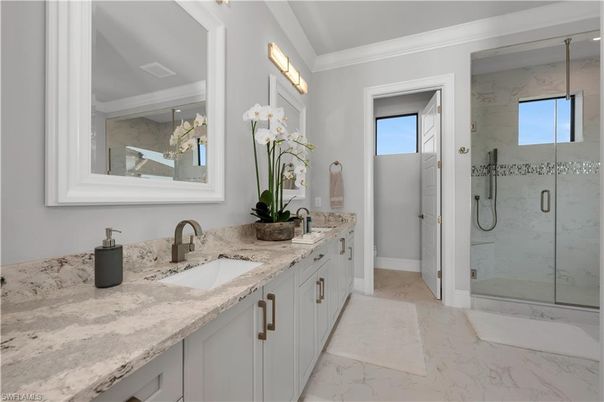 Bathroom, Dual Sink Vanities, Glass Shower, Interior, Marble, Marble Walls