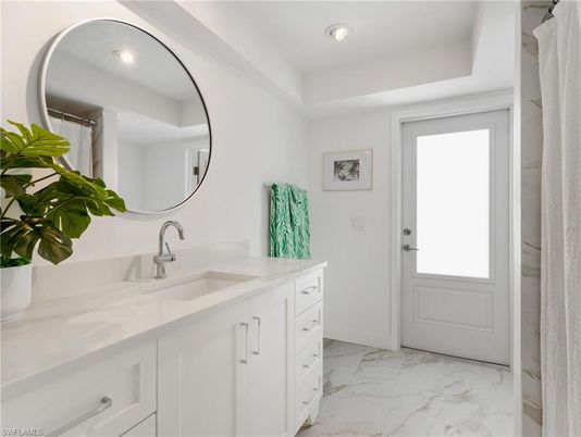 Bathroom, Dual Sink Vanities, Interior, Marble, Recessed Lighting
