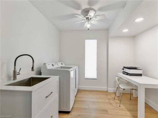 Home Office, Interior, Recessed Lighting, Washer, Wood Texture Flooring