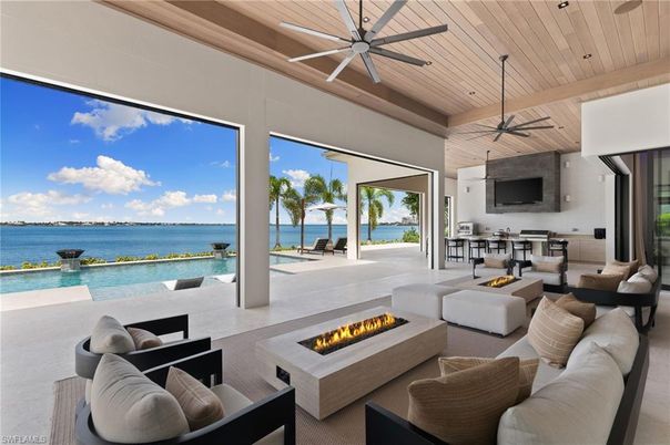 Fireplace, Interior, Living room, Recessed Lighting, Water, Wooden Beams, Wooden Ceilings
