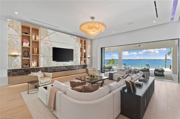 Chandelier, Interior, Living room, Marble Walls, Recessed Lighting, Water, Wood Texture Flooring