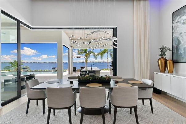 Dining room, Interior, Pendant Lights, Water, Wood Texture Flooring
