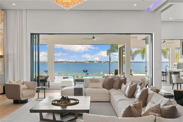 Chandelier, Dining room, Interior, Living room, Recessed Lighting, Water, Wood Texture Flooring