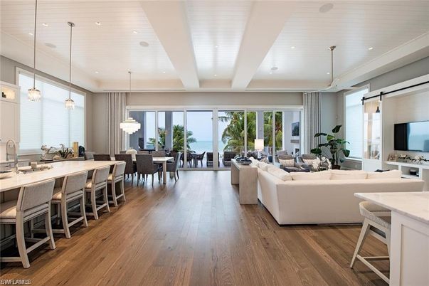 Dining room, Interior, Living room, Pendant Lights, Recessed Lighting, Water, Wood Texture Flooring