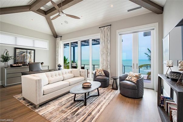 Interior, Living room, Recessed Lighting, Water, Wooden Beams, Wood Texture Flooring
