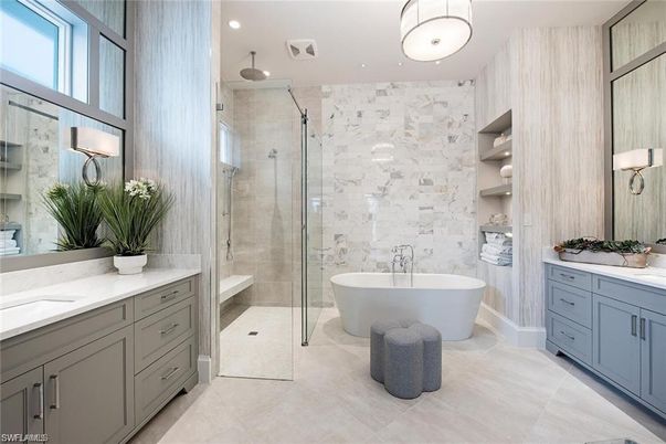 Bathroom, Dual Sink Vanities, Free Standing Baths, Glass Shower, Interior, Marble Walls, Recessed Lighting