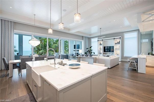 Dining room, Interior, Kitchen, Living room, Pendant Lights, Recessed Lighting, Water, Wood Texture Flooring