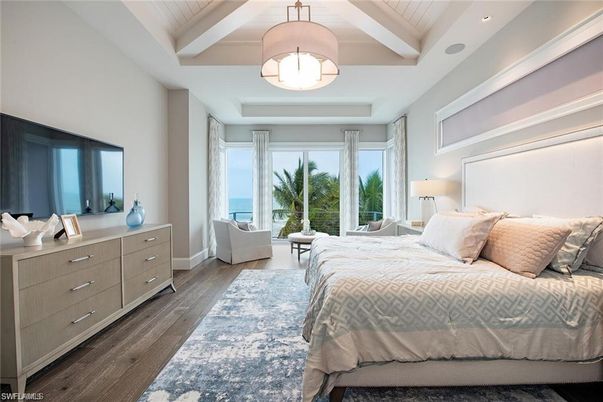 Bedroom, Interior, Pendant Lights, Recessed Lighting, Water, Wood Texture Flooring
