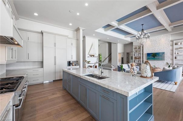 Chandelier, Interior, Kitchen, Recessed Lighting, Stainless Steel Appliances, Wood Texture Flooring