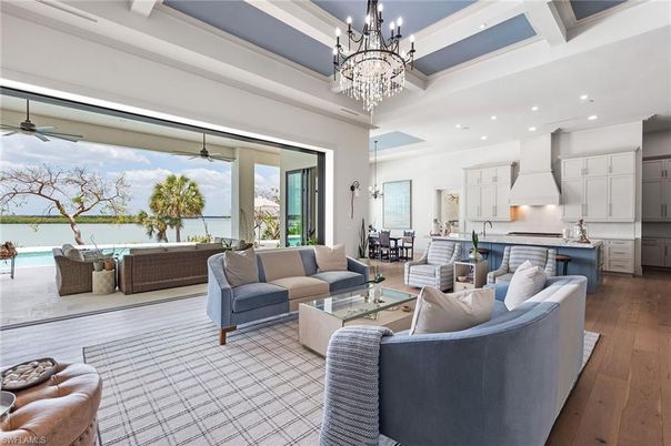 Chandelier, Dining room, Interior, Kitchen, Living room, Recessed Lighting, Water, Wood Texture Flooring