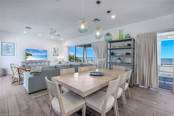 Dining room, Interior, Living room, Pendant Lights, Recessed Lighting, Water, Wood Texture Flooring
