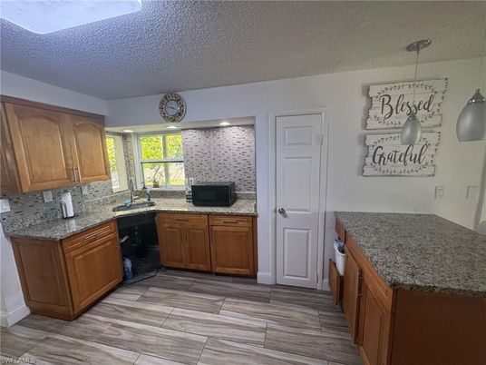Interior, Kitchen, Pendant Lights, Stone Walls, Wood Texture Flooring