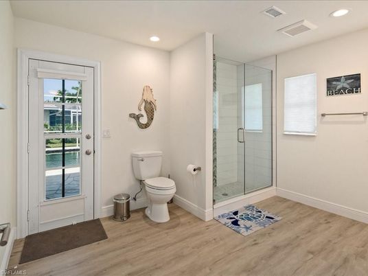 Bathroom, Glass Shower, Interior, Recessed Lighting, Wood Texture Flooring