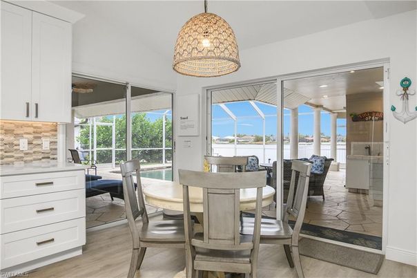 Dining room, Interior, Pendant Lights, Wood Texture Flooring