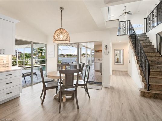 Dining room, Interior, Pendant Lights, Water, Wood Texture Flooring