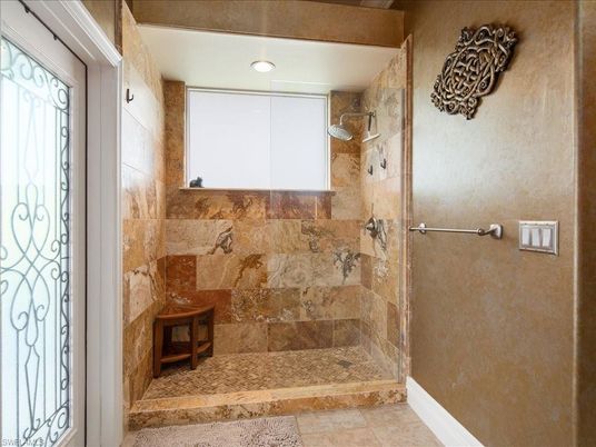 Bathroom, Glass Shower, Interior, Recessed Lighting, Stone Walls