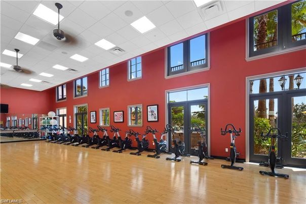 Fitness Equipment, Gym, Interior, Recessed Lighting, Wood Texture Flooring
