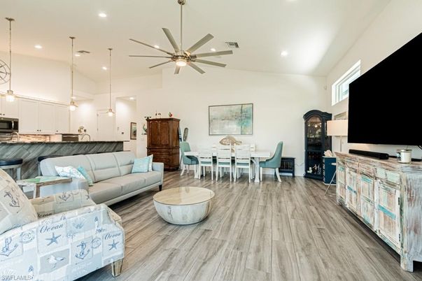 Dining room, Interior, Kitchen, Living room, Pendant Lights, Recessed Lighting, Wood Texture Flooring
