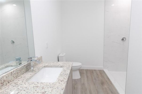 Bathroom, Interior, Marble Walls, Wood Texture Flooring