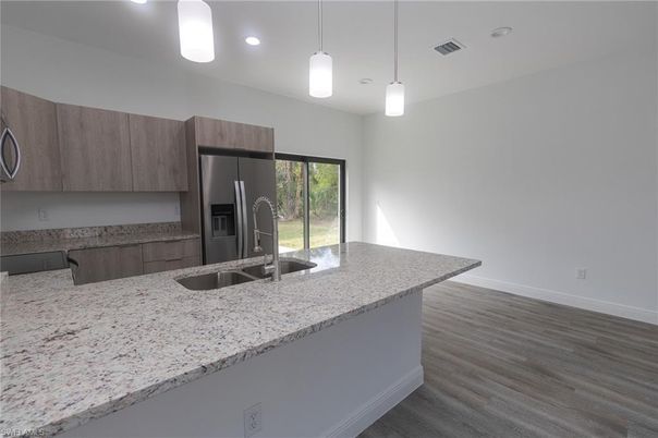 Interior, Kitchen, Pendant Lights, Recessed Lighting, Wood Texture Flooring