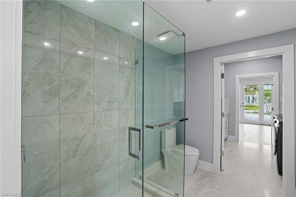 Bathroom, Glass Shower, Interior, Marble, Marble Walls, Recessed Lighting