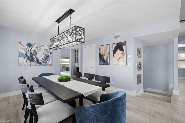 Dining room, Interior, Pendant Lights, Wood Texture Flooring