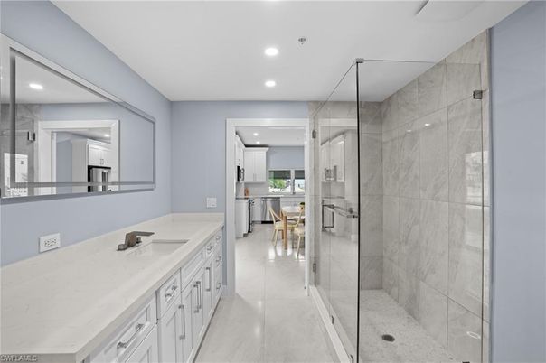Bathroom, Glass Shower, Interior, Marble Walls, Recessed Lighting