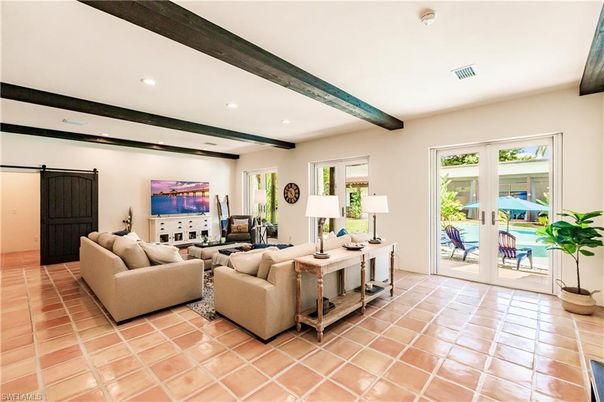 Interior, Living room, Recessed Lighting, Wooden Beams