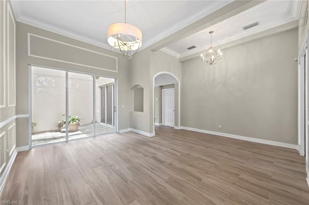 Chandelier, Empty room, Interior, Pendant Lights, Wood Texture Flooring