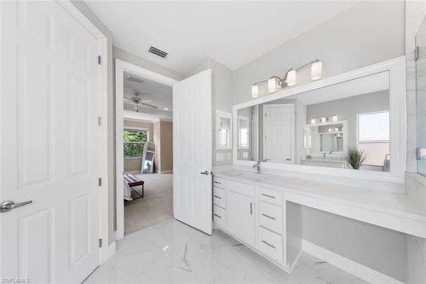 Bathroom, Dual Sink Vanities, Interior, Marble, Recessed Lighting