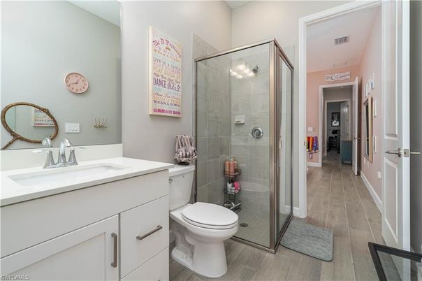 Bathroom, Glass Shower, Interior, Wood Texture Flooring