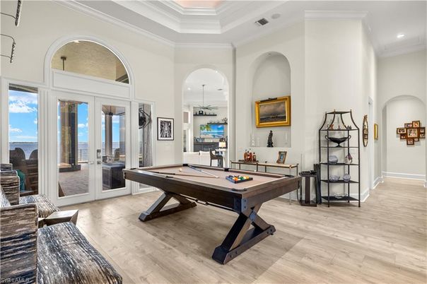 Billiard Table, Game Room, Interior, Pendant Lights, Recessed Lighting, Wood Texture Flooring