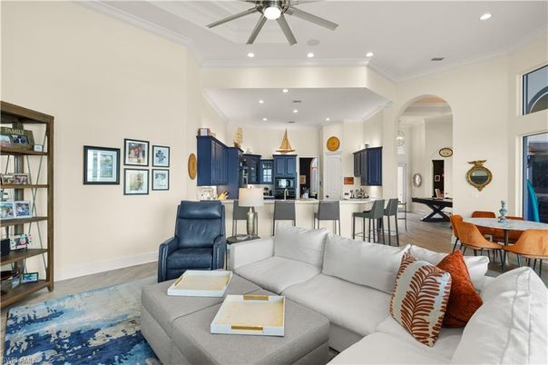 Dining room, Interior, Kitchen, Living room, Pendant Lights, Recessed Lighting, Stainless Steel Appliances, Wood Texture Flooring