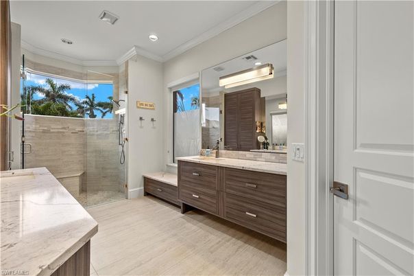 Bathroom, Dual Sink Vanities, Glass Shower, Interior, Recessed Lighting, Wood Texture Flooring