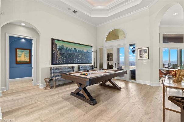 Billiard Table, Game Room, Interior, Recessed Lighting, Wood Texture Flooring