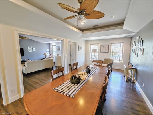 Dining room, Interior, Living room, Recessed Lighting, Wood Texture Flooring