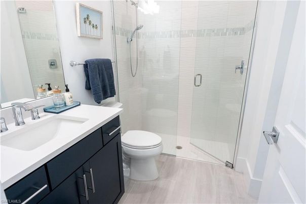 Bathroom, Glass Shower, Interior, Wood Texture Flooring