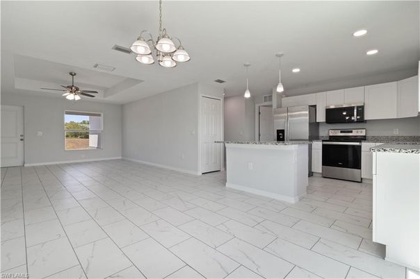 Interior, Kitchen, Marble, Pendant Lights, Recessed Lighting, Stainless Steel Appliances