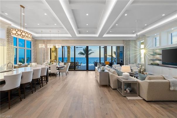 Dining room, Interior, Living room, Pendant Lights, Recessed Lighting, Water, Wood Texture Flooring