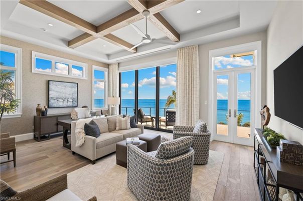 Interior, Living room, Recessed Lighting, Water, Wooden Beams, Wood Texture Flooring