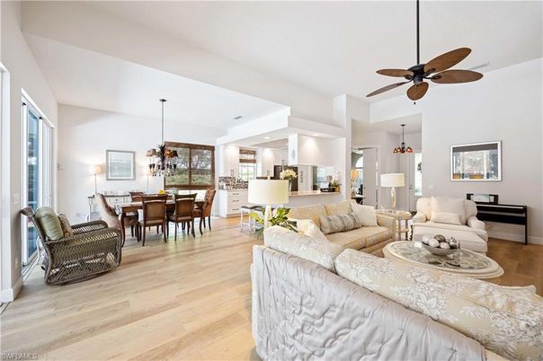 Chandelier, Dining room, Interior, Kitchen, Living room, Pendant Lights, Recessed Lighting, Wood Texture Flooring