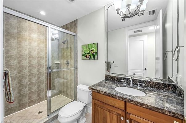 Bathroom, Chandelier, Glass Shower, Interior, Recessed Lighting