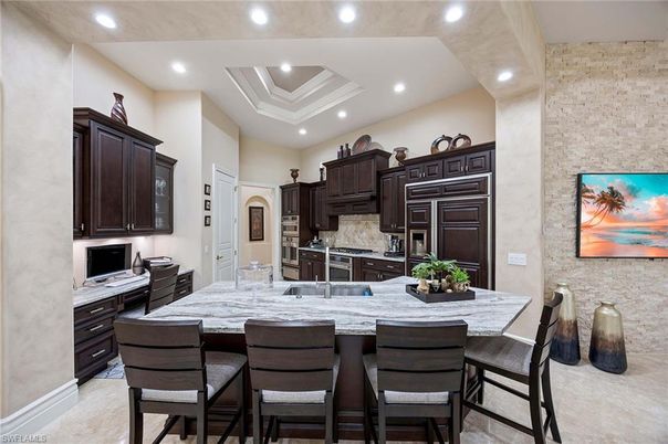 Interior, Kitchen, Recessed Lighting, Stainless Steel Appliances, Stone Walls