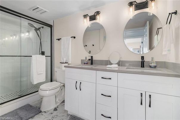 Bathroom, Dual Sink Vanities, Glass Shower, Interior, Marble