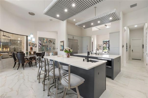 Dining room, Interior, Kitchen, Marble, Pendant Lights, Recessed Lighting